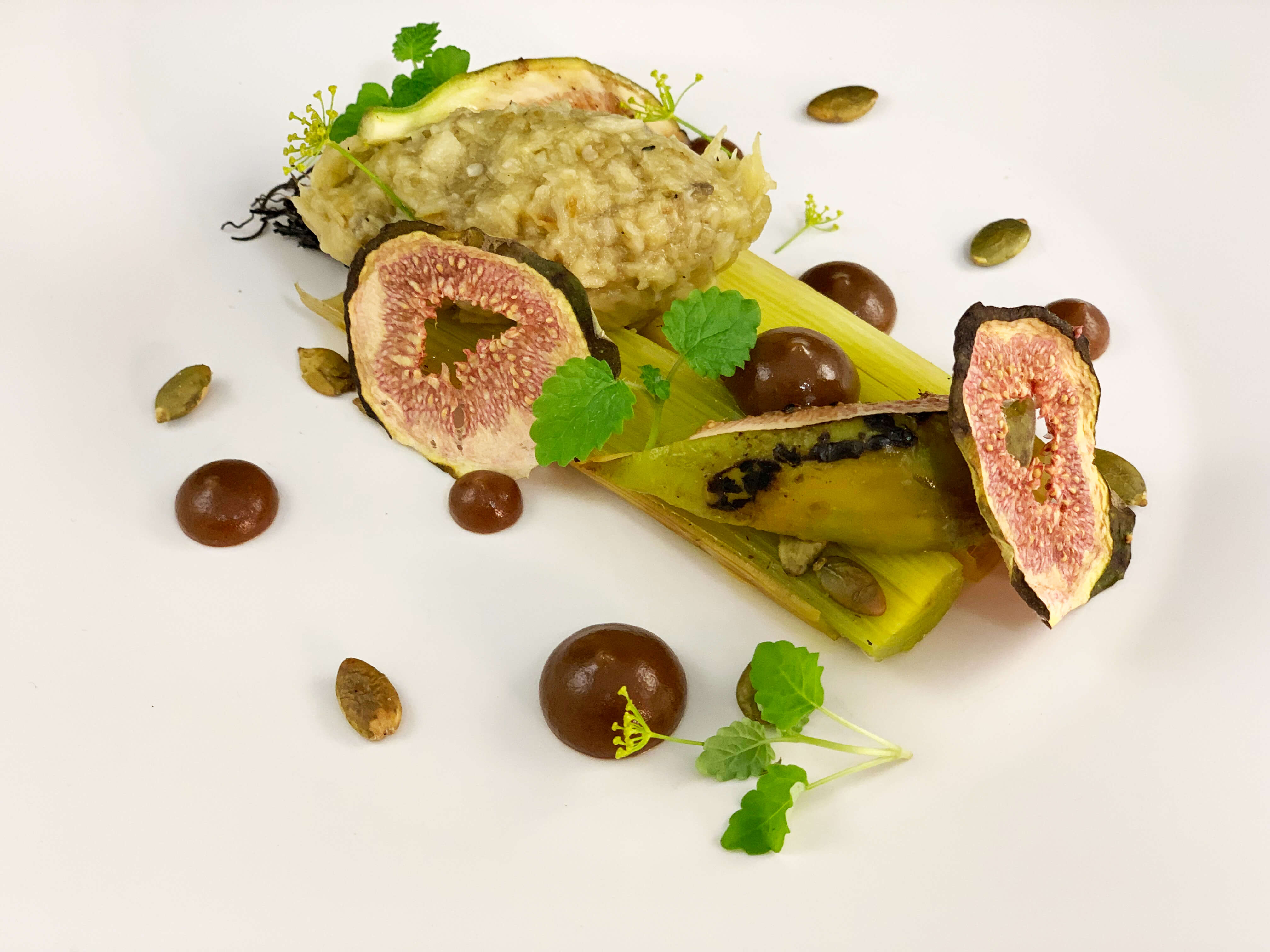Leek Confit With Smoked Aubergine Tartare, Dates And Caramelised Figs (1...